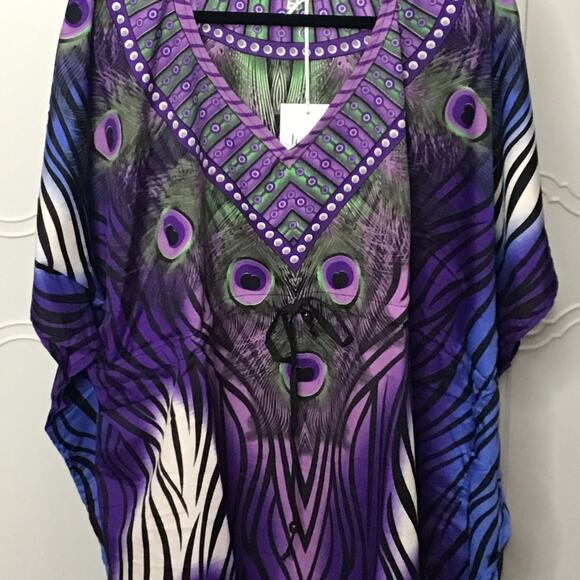 JOVIE Indigo Peacock V-Neck Kaftan With Drawstring Waist Tie-One Size Fits Most - Picture 3 of 4